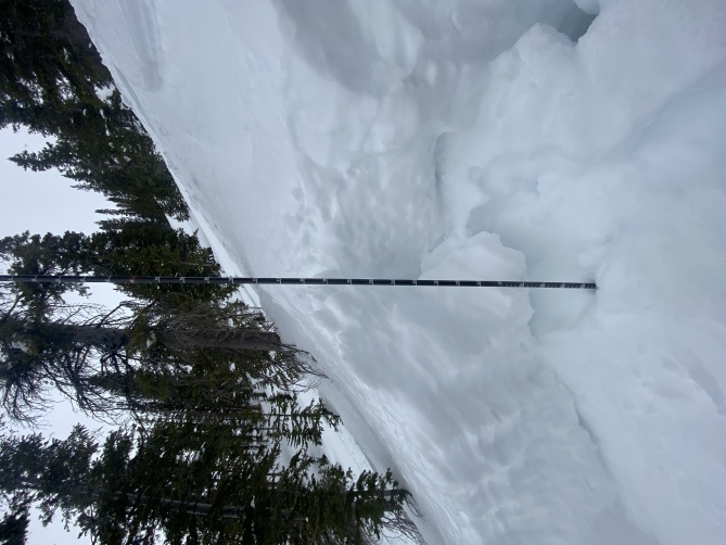 <b>Figure 6:</b> The intersection of Skier 2’s track and the crown face of the avalanche. He took one turn before the avalanche released above him. (<a href=javascript:void(0); onClick=win=window.open('https://classic.avalanche.state.co.us/caic/media/full/acc_819_46527.jpg','caic_media','resizable=1,height=820,width=840,scrollbars=yes');win.focus();return false;>see full sized image</a>)