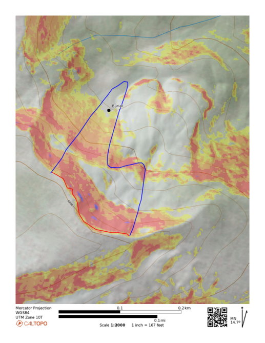 <b>Figure 1:</b> Hidden Bowl on Darland Mountain, including slope shading and the approximate outline of the avalanche. (<a href=javascript:void(0); onClick=win=window.open('https://classic.avalanche.state.co.us/caic/media/full/acc_868_52580.png','caic_media','resizable=1,height=820,width=840,scrollbars=yes');win.focus();return false;>see full sized image</a>)