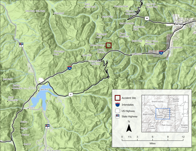 <b>Figure 1:</b> A map of Herman Gulch and Mount Bethel north of Interstate 70. The avalanche site is marked by the red box. (<a href=javascript:void(0); onClick=win=window.open('https://classic.avalanche.state.co.us/caic/media/full/acc_876_52612.jpg','caic_media','resizable=1,height=820,width=840,scrollbars=yes');win.focus();return false;>see full sized image</a>)