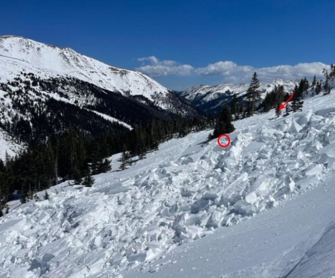 <b>Figure 7:</b> Looking across the avalanche toward Worker 1's track, marked by the red arrow. The red circle marks approximately where he triggered the avalanche. (Image taken April 9, 2024). (<a href=javascript:void(0); onClick=win=window.open('https://classic.avalanche.state.co.us/caic/media/full/acc_876_52633.jpg','caic_media','resizable=1,height=820,width=840,scrollbars=yes');win.focus();return false;>see full sized image</a>)