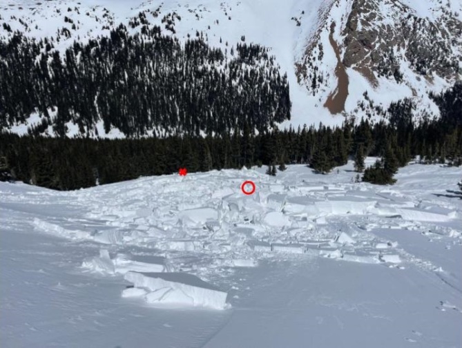 <b>Figure 8:</b> Looking down the avalanche from near the deepest part of the crown. The red circle marks Worker 1’s approximate location when he triggered the avalanche and the red X marks where he was partially buried against a tree. (Image taken April 8, 2024). (<a href=javascript:void(0); onClick=win=window.open('https://classic.avalanche.state.co.us/caic/media/full/acc_876_52634.jpg','caic_media','resizable=1,height=820,width=840,scrollbars=yes');win.focus();return false;>see full sized image</a>)