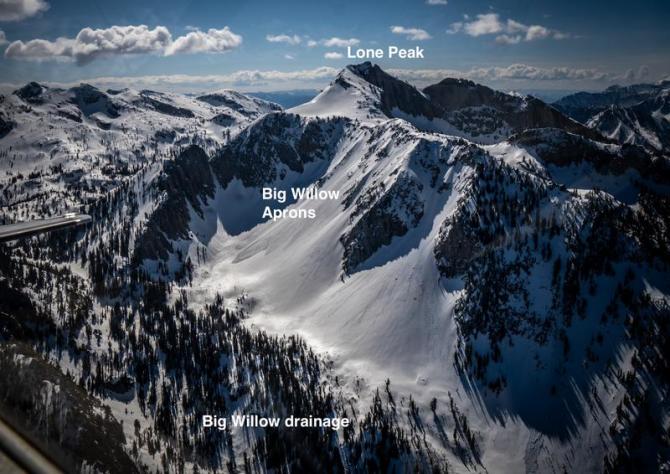 <b>Figure 4:</b> Aerial photo of the Big Willow drainage and Lone Peak - K. Barney (<a href=javascript:void(0); onClick=win=window.open('https://classic.avalanche.state.co.us/caic/media/full/acc_878_52659.jpeg','caic_media','resizable=1,height=820,width=840,scrollbars=yes');win.focus();return false;>see full sized image</a>)