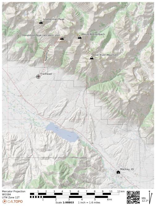 <b>Figure 1:</b> Area overview, including the trailhead and approach route relative to the town of Mackay, ID. (<a href=javascript:void(0); onClick=win=window.open('https://classic.avalanche.state.co.us/caic/media/full/acc_879_52646.jpeg','caic_media','resizable=1,height=820,width=840,scrollbars=yes');win.focus();return false;>see full sized image</a>)